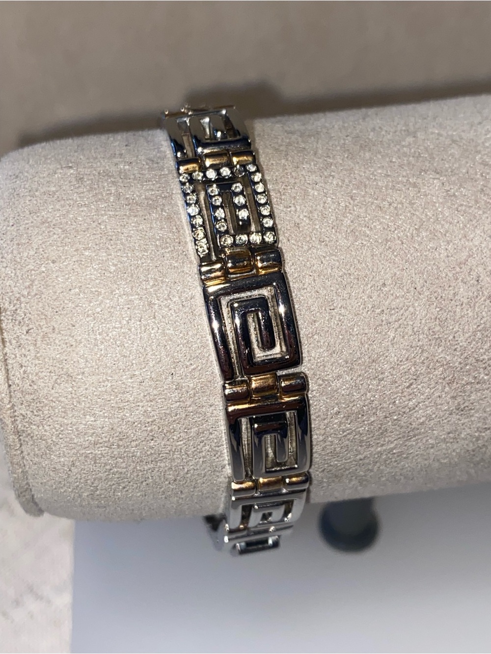 Two-Tone Stainless Steel and Gold Greek Key Bracelet with Crystal Accents